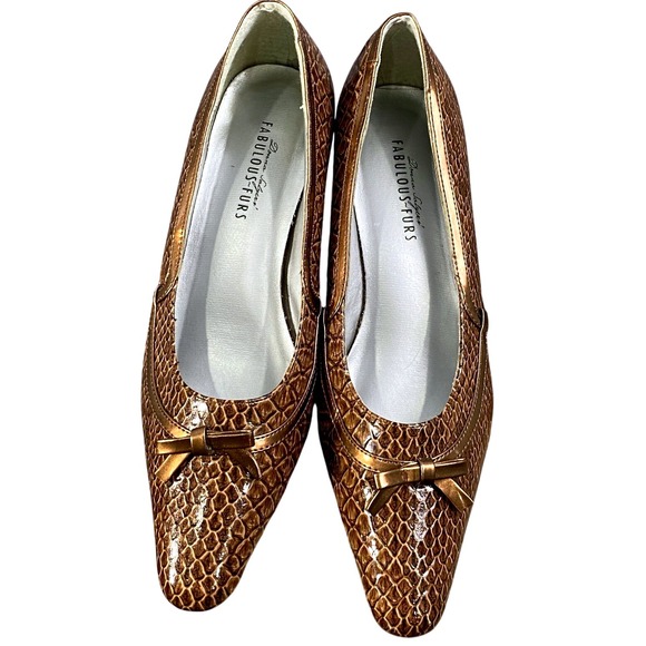Fabulous Furs Bronze Y2K Bow Pointed Toe Kitten Heels Metallic Glam Shoes 8M - Picture 1 of 4